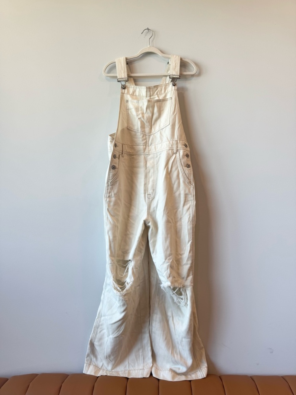 Free People Cream Distressed Wide-Leg Overalls NWOT Size S Small